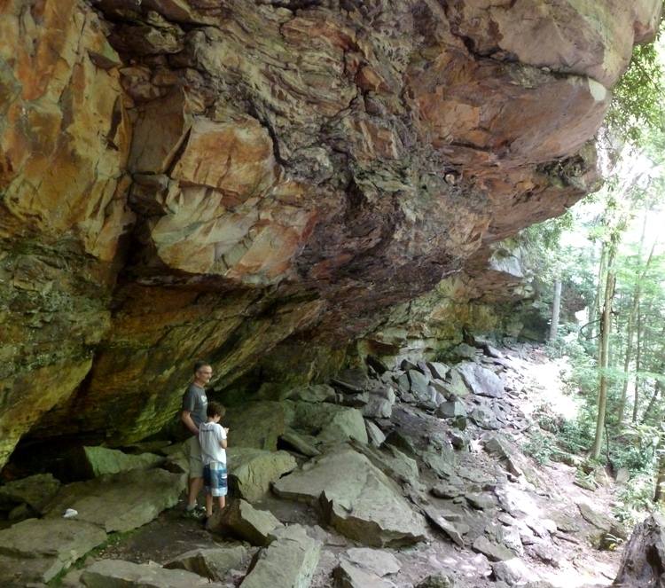 Man and boy beside rock wall near falls