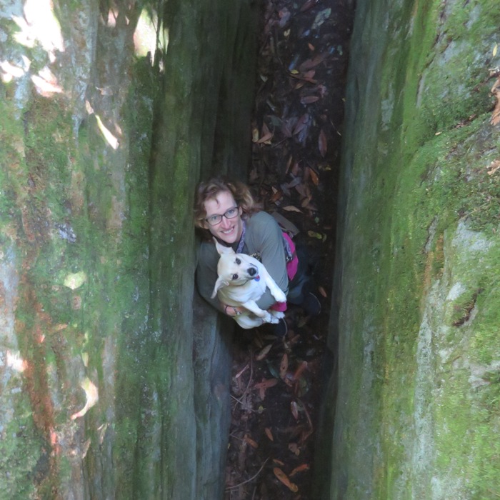 Norma and Daphne looking up between the rocks