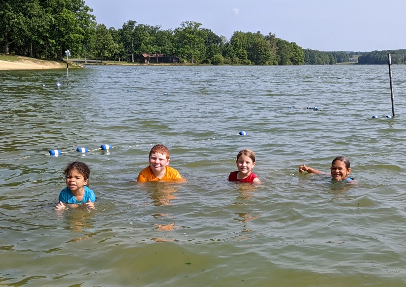 Kids neck-deep in the water