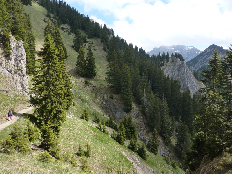 Looking down at Norma walking on trail below in steep terrain