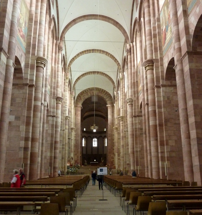 High, arched ceiling and stone columns of the Speyer Cathedral