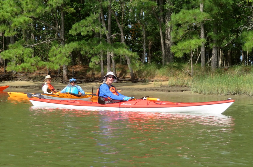 Three kayakers with trees behind