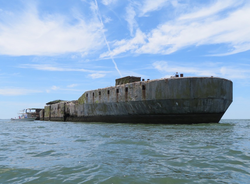 Forward starboard view of concrete ship