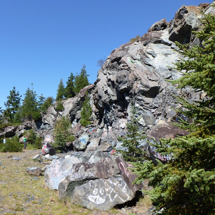 Graffiti-covered rocks and vince taking a photo of them