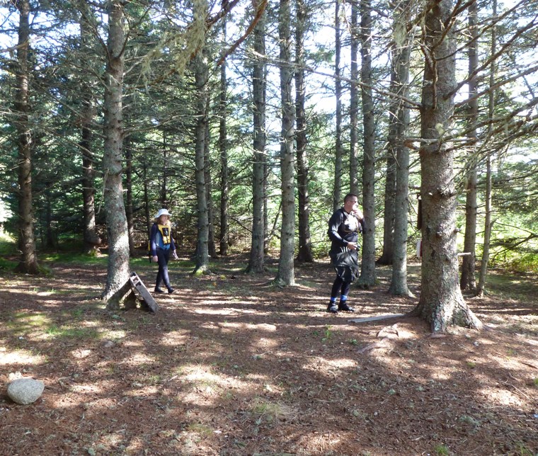 Norma and Vince walking in the woods