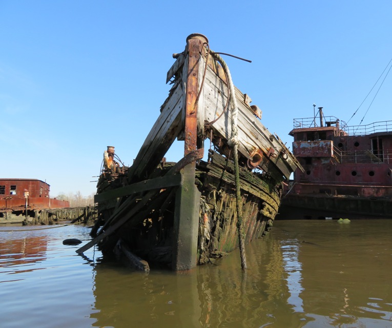 Front view of wooden ship with a metal-reinforced bow