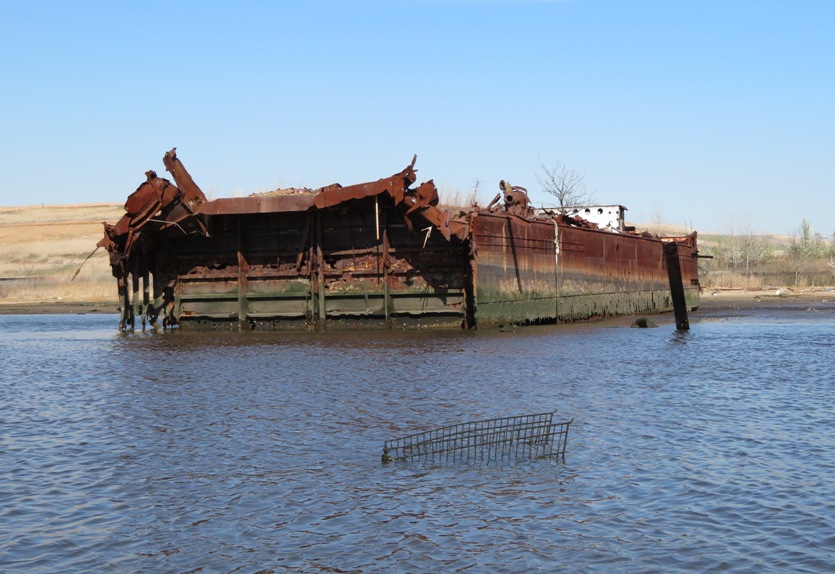 Shopping cart in the water in front of wreck