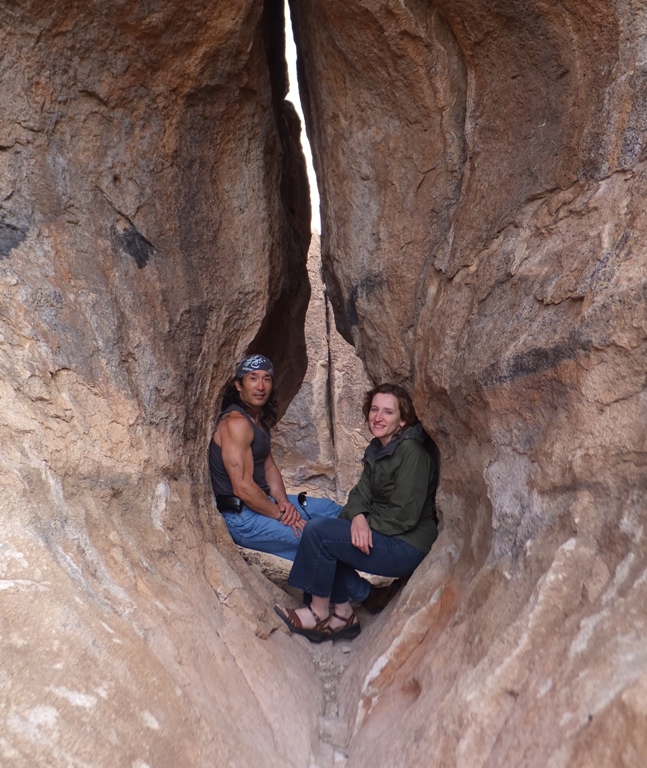 Me and Norma in a narrow space between boulders