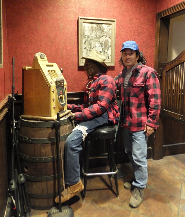 Mannequin and I both wearing jeans and red flannel shirt