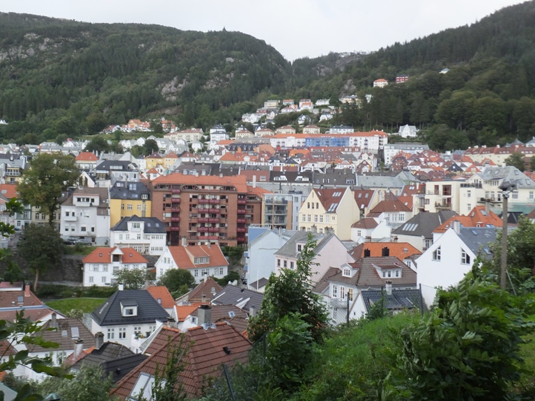 Looking slightly down on colorful buildings