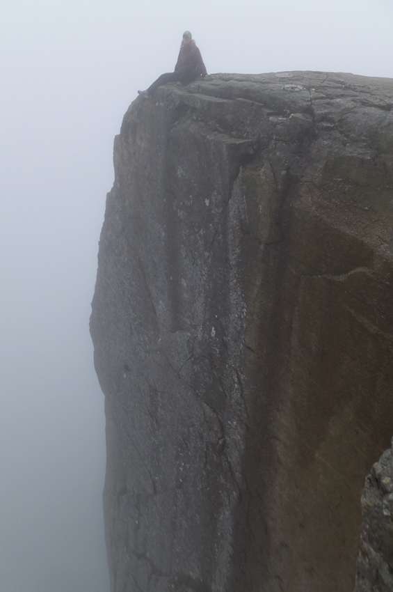 Carmen in the fog on Pulpit Rock