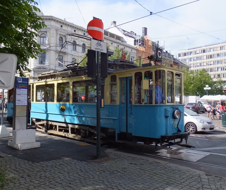 Blue and yellow trolley