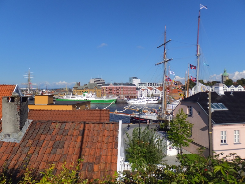 Waterfront view showing two tall ships and other boats