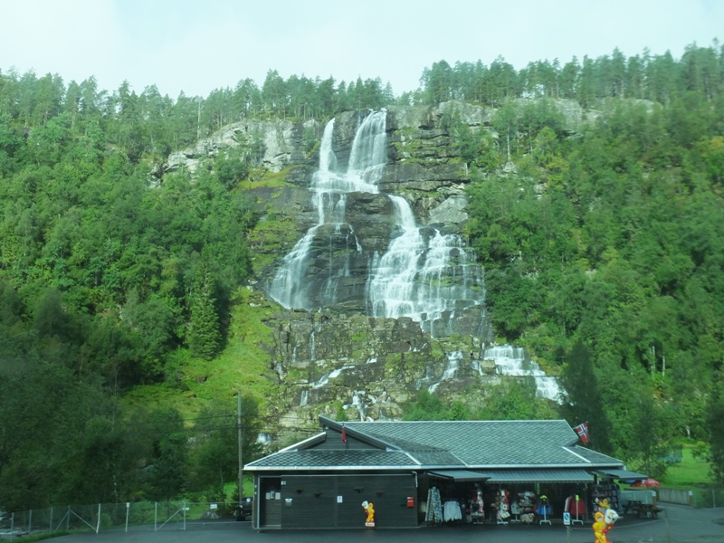 Waterfall behind building