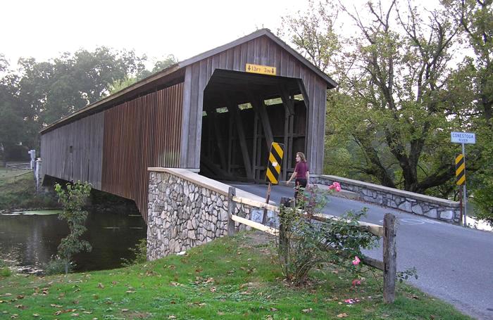 Norma approaching covered bridge