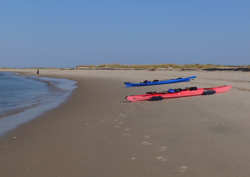 Two kayaks on beach at Toms Cove Hook