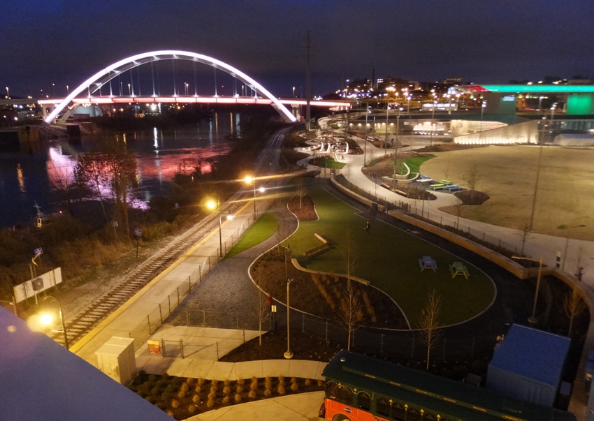 Illuminated Korean Veterans Boulevard Bridge over the Cumberland River