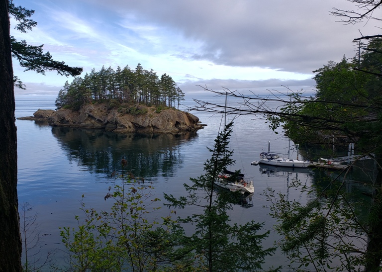 View from Matia Island of smaller island and sailboats