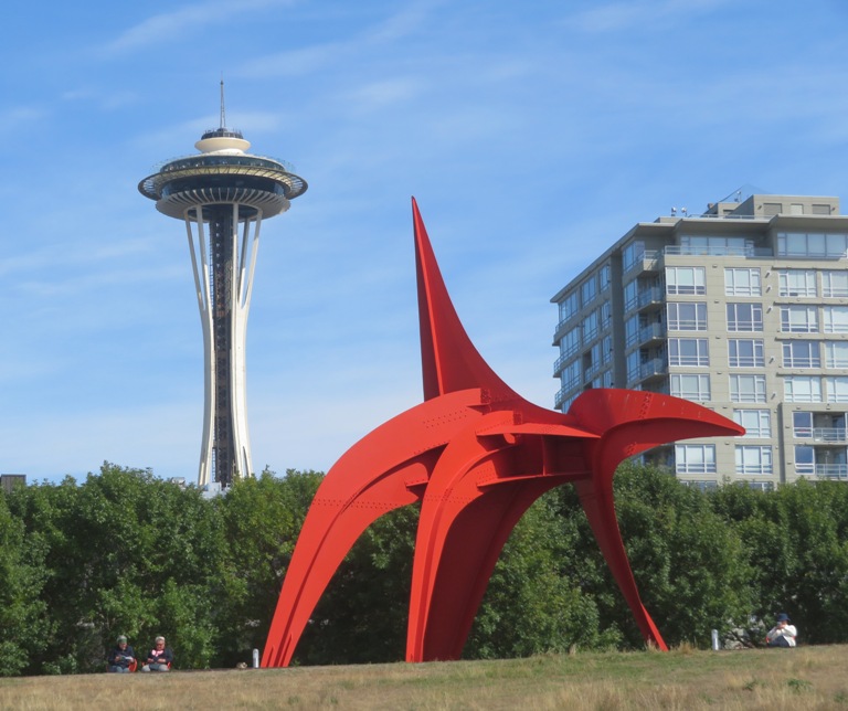 The Eagle sculpture and the Space Needle in the background