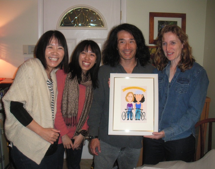 Ikuyo, Sonomi, Norma, and I with Cartoon drawing of Norma and me