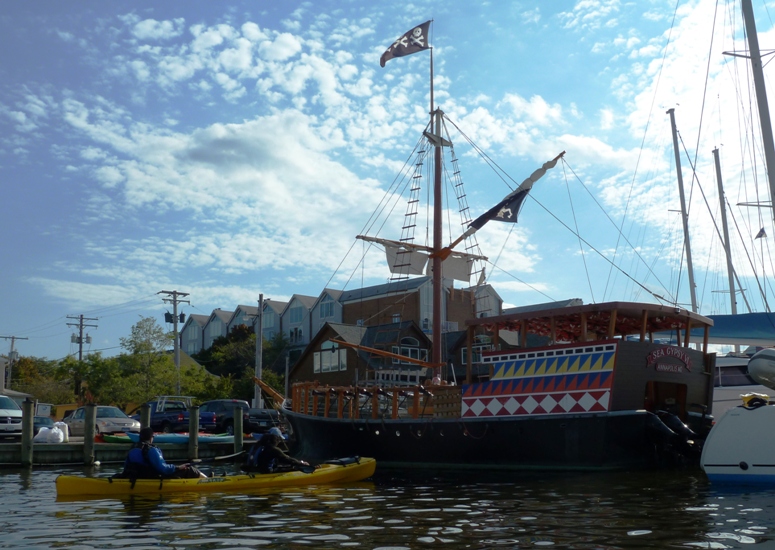 Angelika and I in tandem next to fake pirate ship