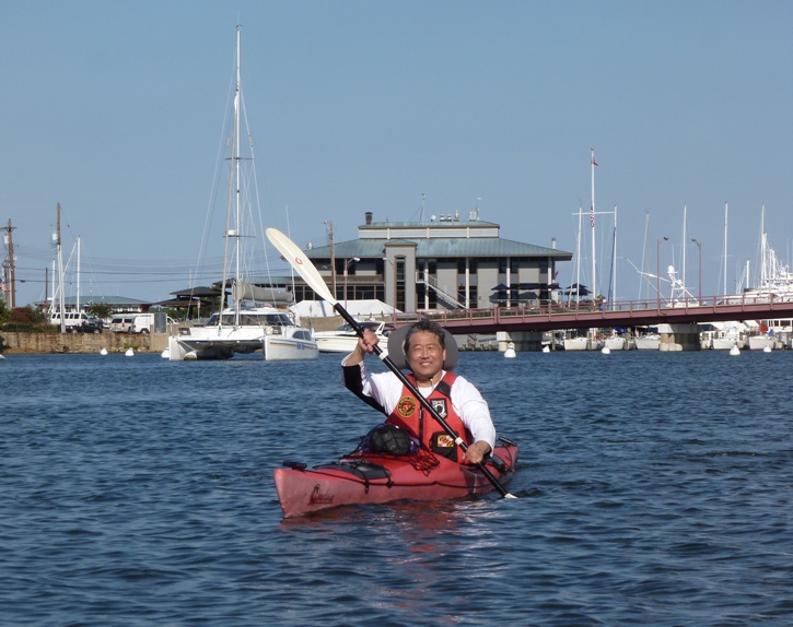 Steve paddling my Prijon Catalina with the Compromise Street Drawbridge behind