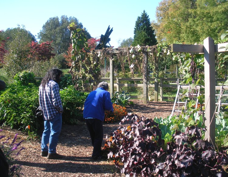 Mom and I looking at vegetable garden with trellises in the background