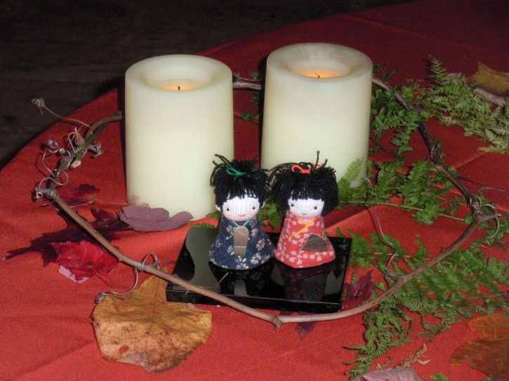 Dolls in front of candles