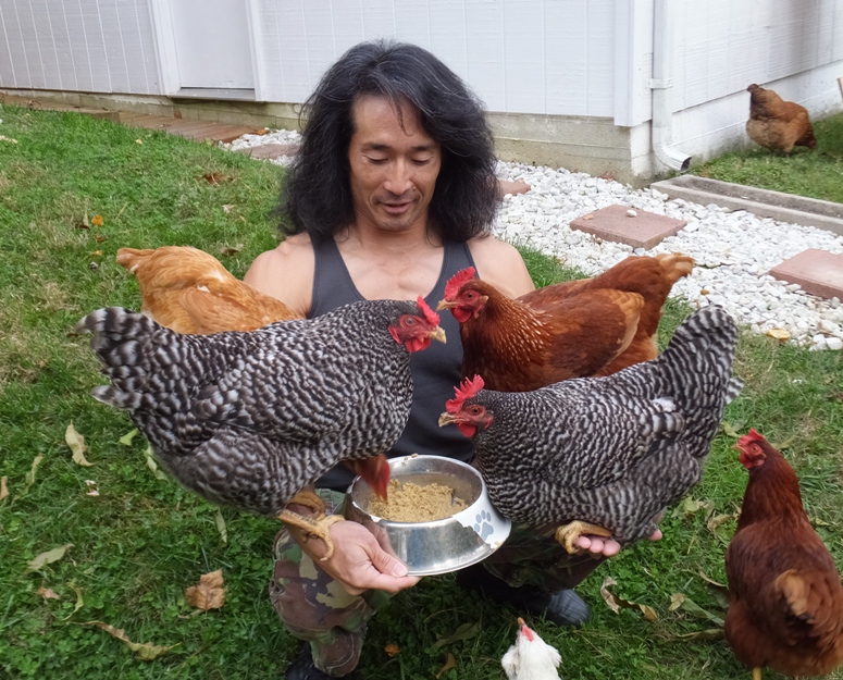 My favorite four chickens, two perched on each of my arms