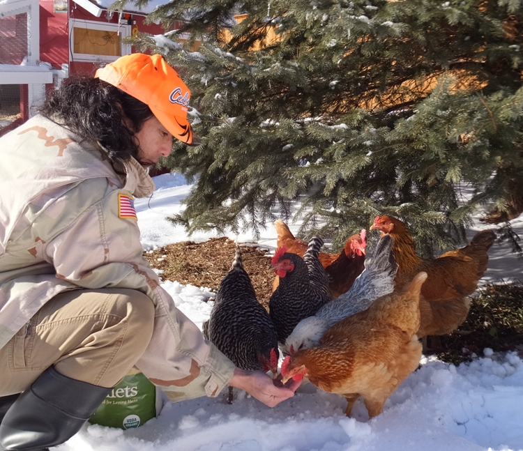 Me feeding chickens in the snow