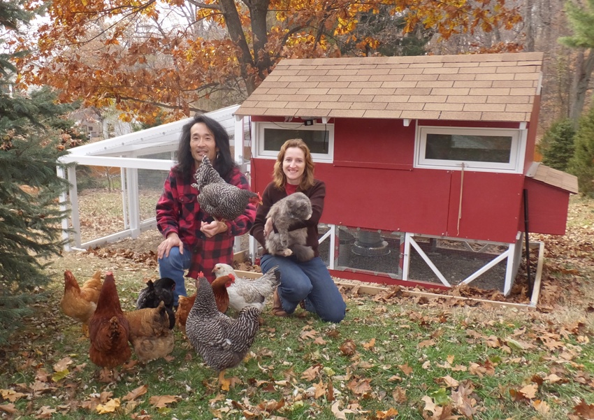 Norma, Asha, the chickens, and me in front of the coop