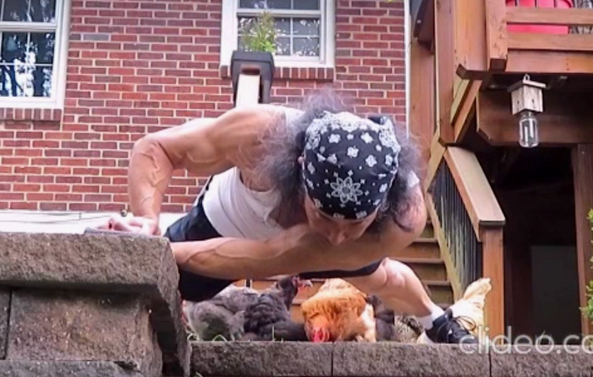 Me doing a sideways hinge pushup on a retaining wall with chickens behind me