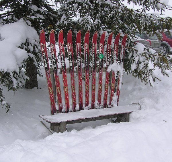 Bench with skis as backrest