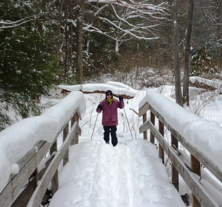 Norma coming to snow-covered bridge