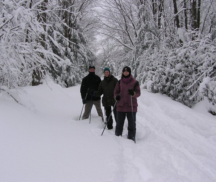 Alison, Peter, and Norma snowshoeing