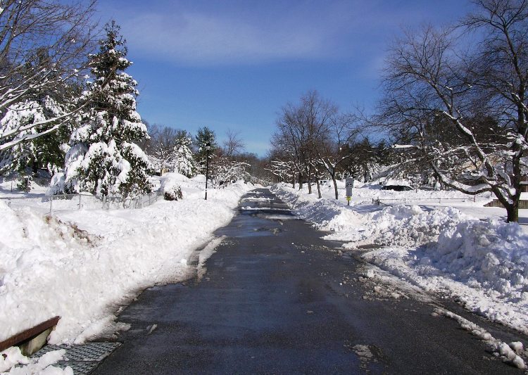 Snow-covered Savage, Maryland with plowed street