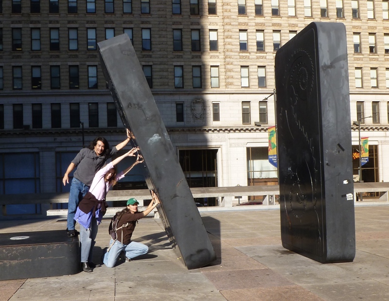 Carmen, Norma, and I in Philadelphia by giant dominoes