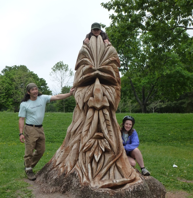 Carmen, Norma, and I at Druid Lake in Baltimore by wood sculpture