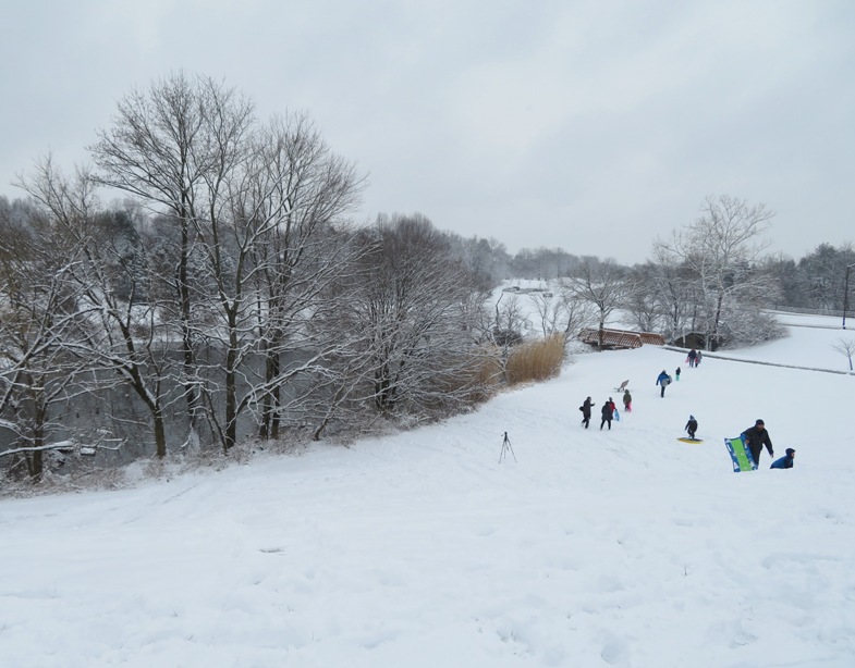 Kids with sleds enjoying the winter weather