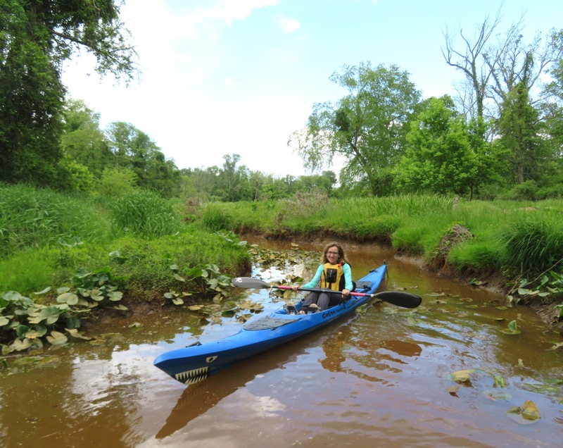 Norma in her kayak surrounded by greenery