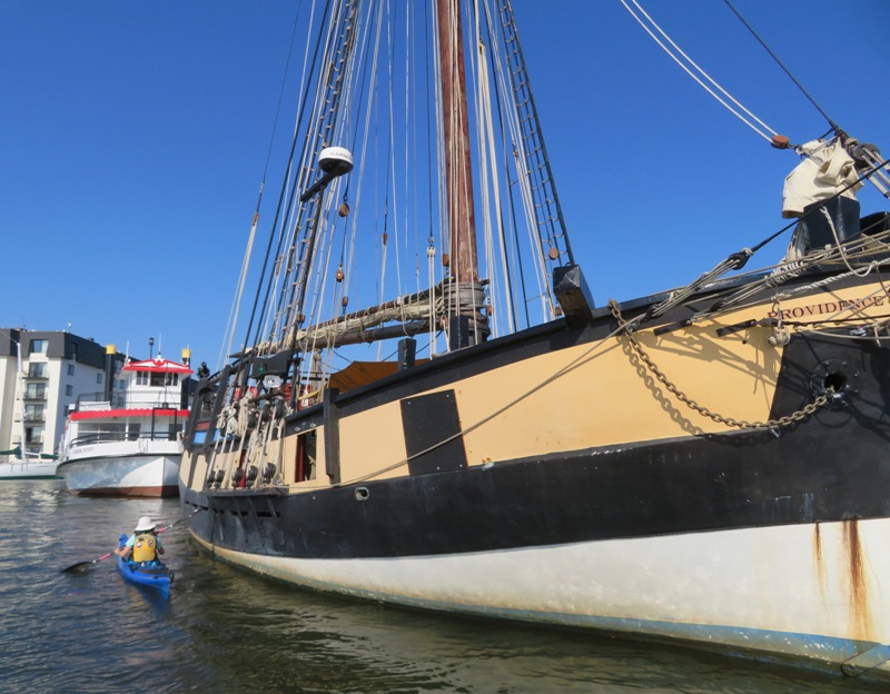 Norma kayaking beside the Providence