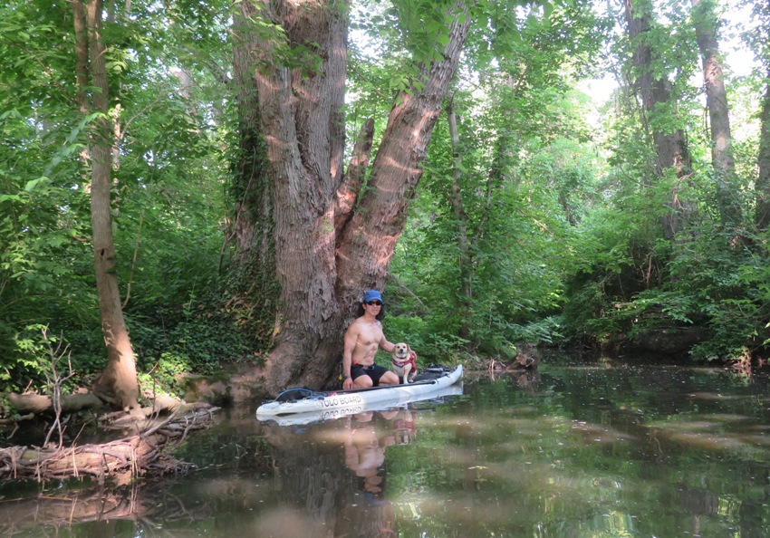 Daphne and I on SUP with me sitting.  Woods behind.