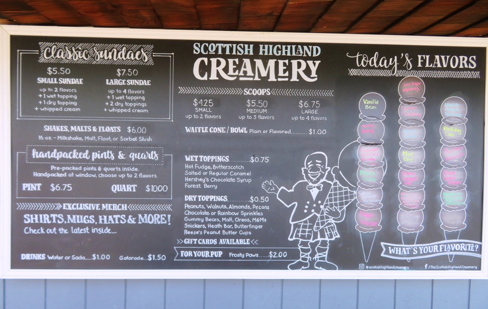 Chalkboard menu at Scottish Highland Creamery