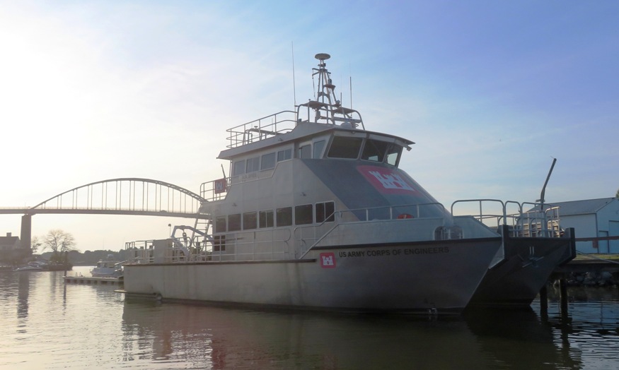 Forward starboard view of the H.R. SPIES with the Chesapeake City Bridge in the background