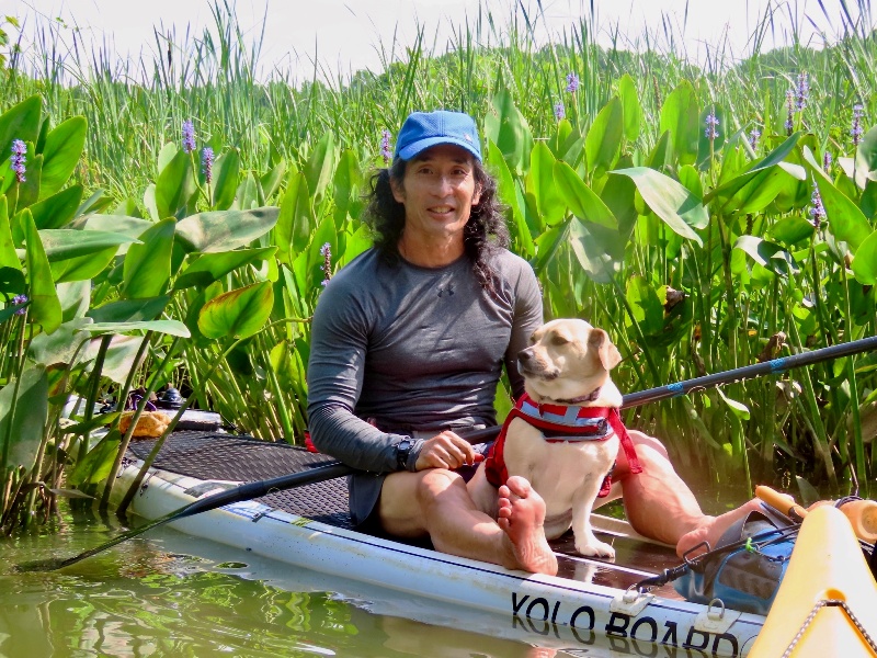 Daphne and me sitting on the SUP