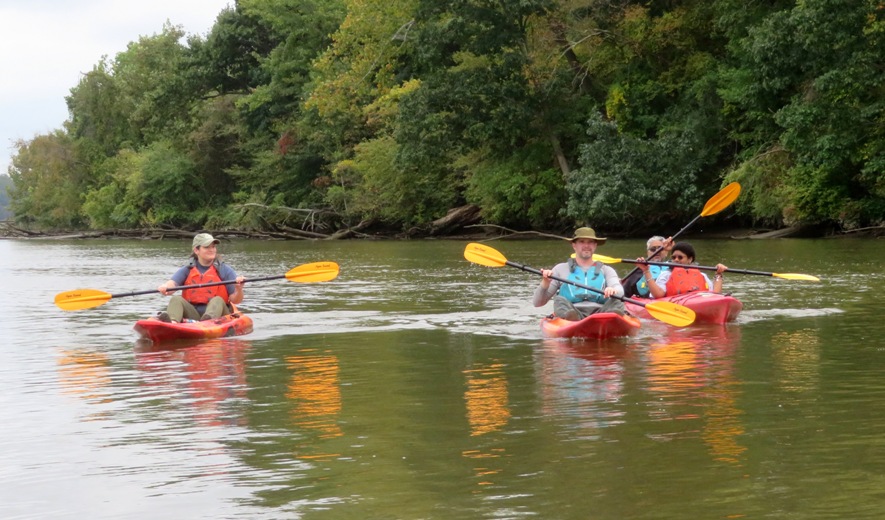 Four kayakers, two in single boats and two in a tandem