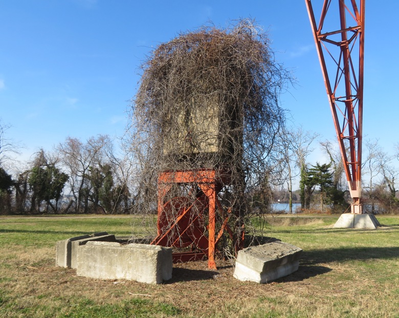 Overgrown structure with a large metal wheel looking like it was made to move a belt