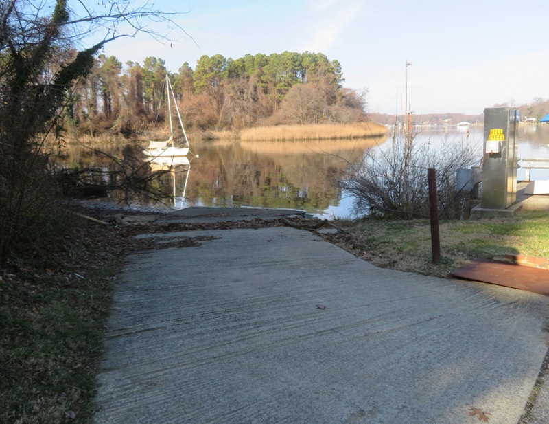 Concrete boat ramp on the left side