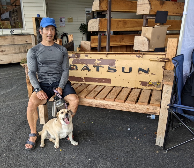 Daphne and me at bench made from Datsun tailgate