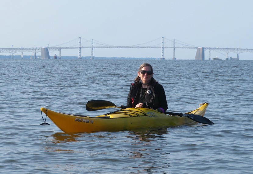 Sara with Chesapeake Bay Bridge and Sandy Point Shoal Lighthouse in background